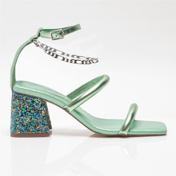 Free People Parker Chain Heel Green Metallic Strappy Sandal Shoe Glitter - Picture 3 of 16